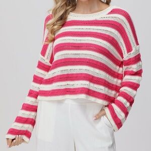 89th & Madison Pink & White Striped Cropped Flare Sleeve Crochet Sweater Size S